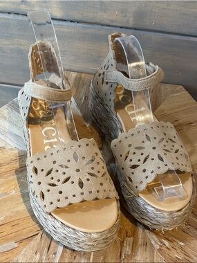 Pedro Garcia Beige Laser-Cut Suede Espadrille Wedge Sandals